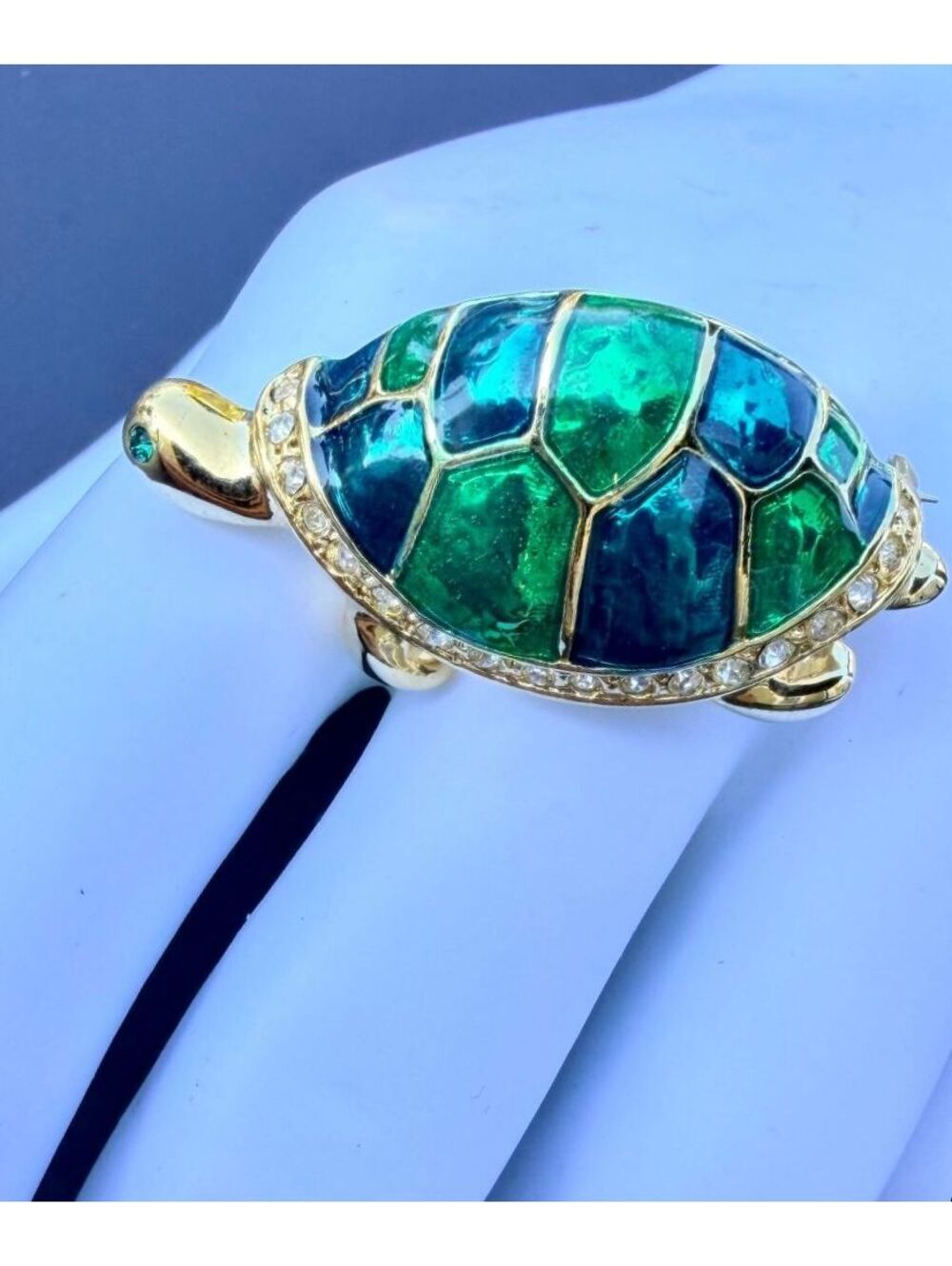 Vintage Sea Turtle Brooch Blue Green Enamel Rhinestone Pin - Picture 5 of 5